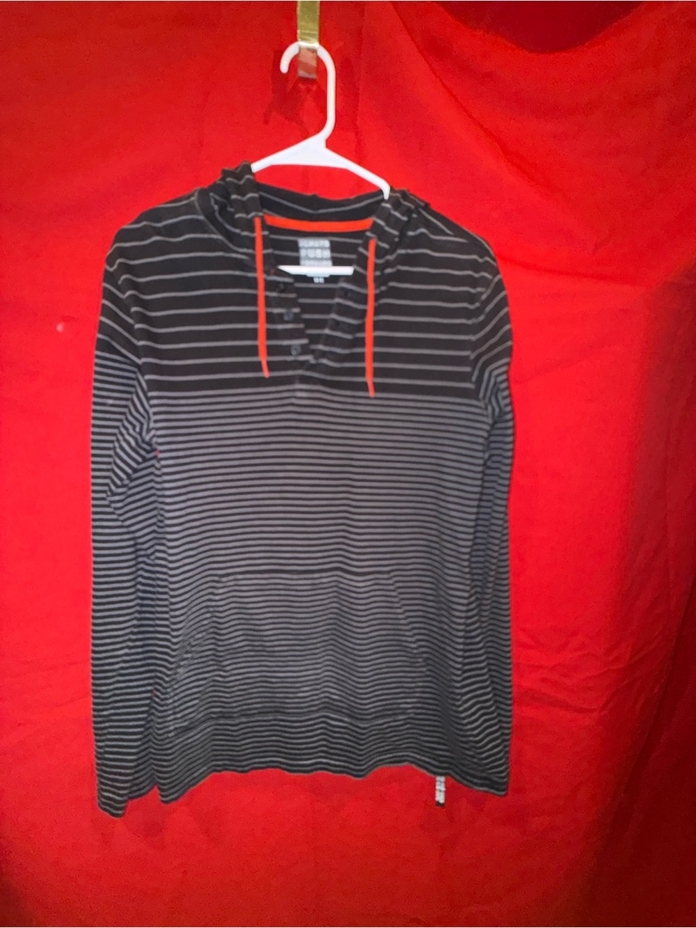 Striped Black & Gray Long Sleeve Hooded Tee with Orange Drawcords